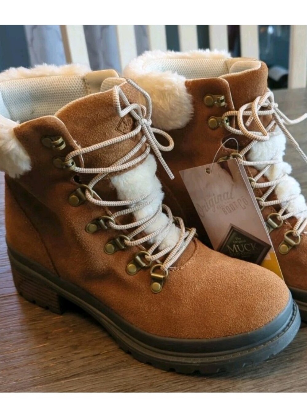 Muck Boot Company Liberty Alpine Supreme Tan Leather Faux-Fur Lace-Up Boots 6.5